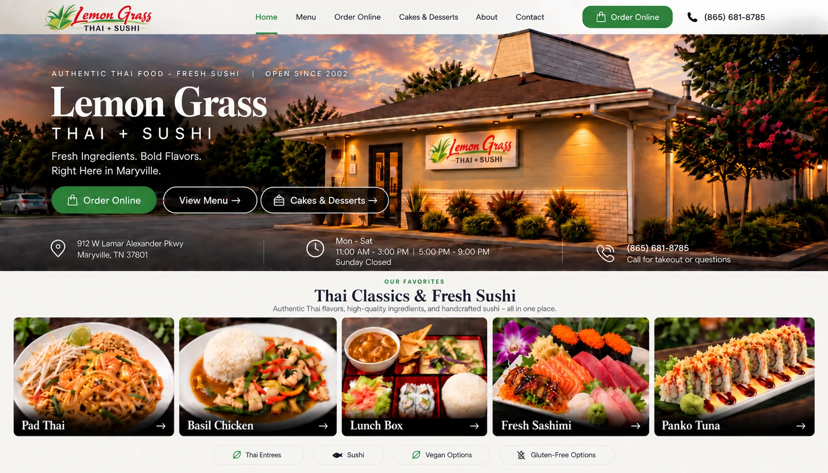Lemon Grass Thai and Sushi homepage showing restaurant, hours, location, and favorite dishes